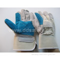 Double Palm Reinforced Blue Leather Palm White Cotton Back Rubberized Cuff Half Lining Ab Grade Working Safety Glove (DLC328) CE